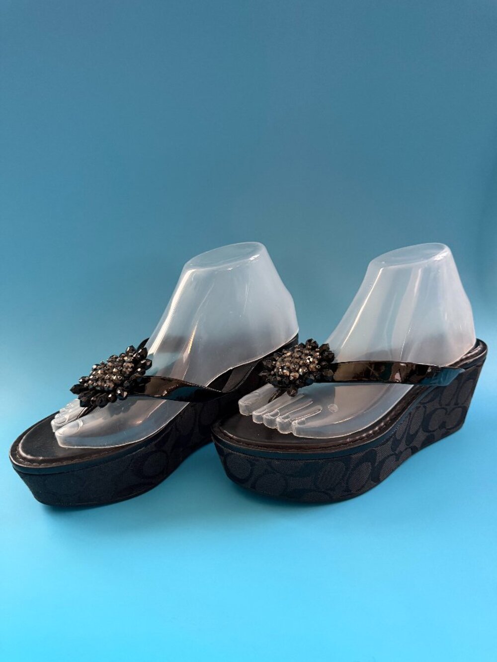 Coach Signature C Monogram Beaded Platform Wedge Sandals Sz 8 Black Y2K